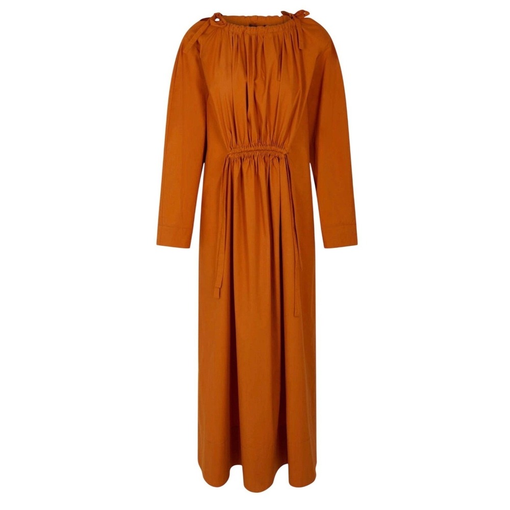Soeur Uyuni Orange Cotton Poplin Midi Dress FR 38/US M‎ Lagenlook Gathered Waist